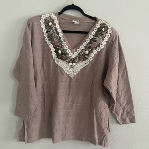 Vintage Basil Woman Long Sleeve Floral Embroidered 100% Cotton Sweater, Size XL